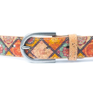 Damski pasek z naturalnego korka 2,8 cm w geometryczny wzór - klamra paska