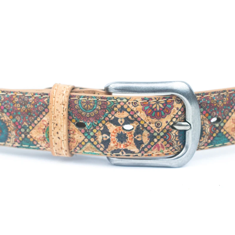Damski pasek z naturalnego korka 3,3 cm w geometryczny wzór - klamra paska